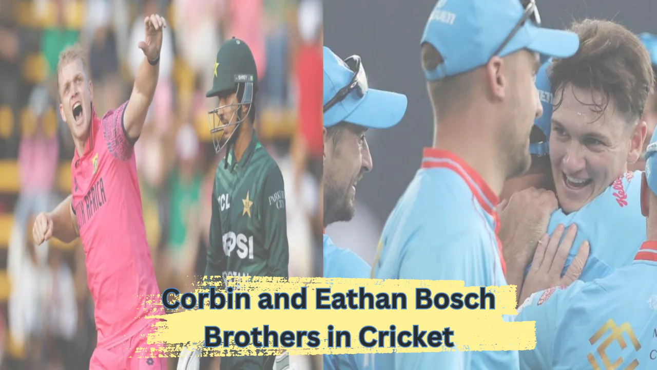 Corbin Bosch and Eathan Bosch sharing a light-hearted moment on the cricket field during a match.