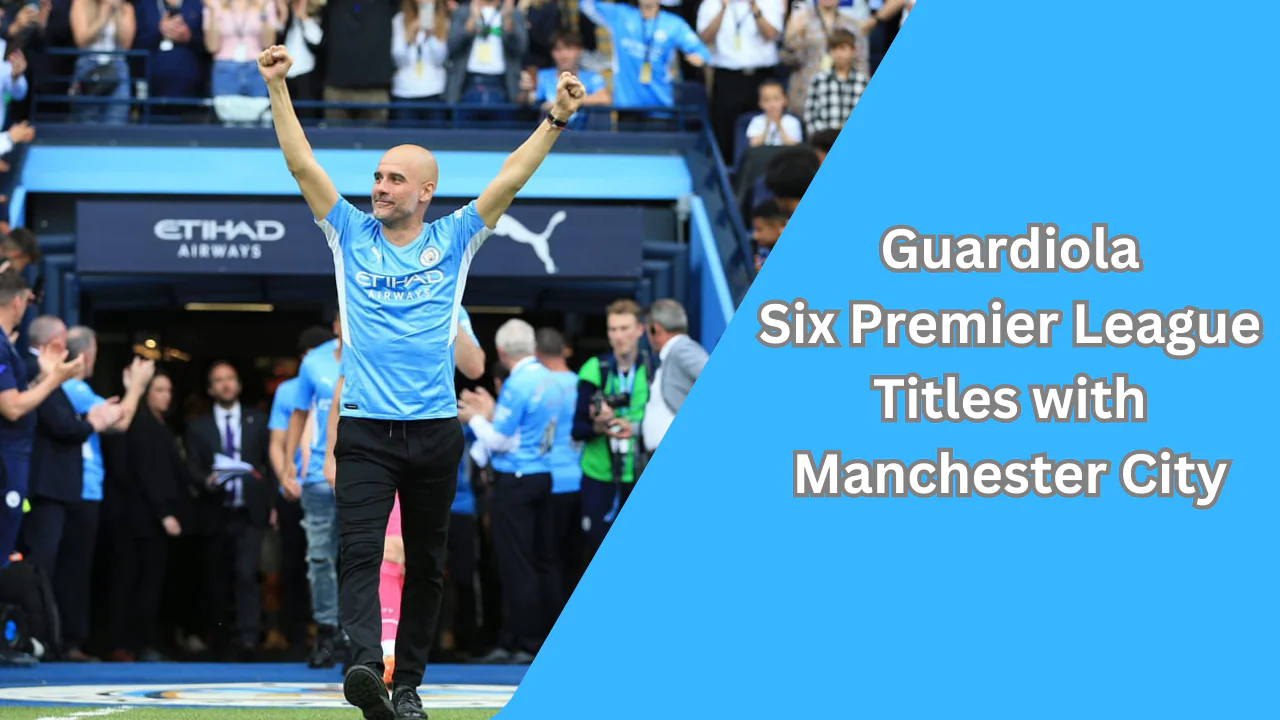 Pep Guardiola holding Premier League trophy in a jubilant celebration