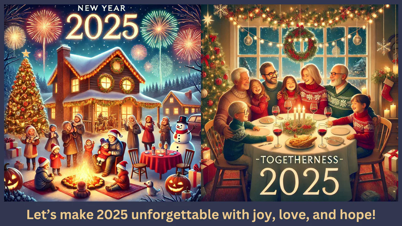 Happy New Year 2025 celebrations with fireworks and family gatherings