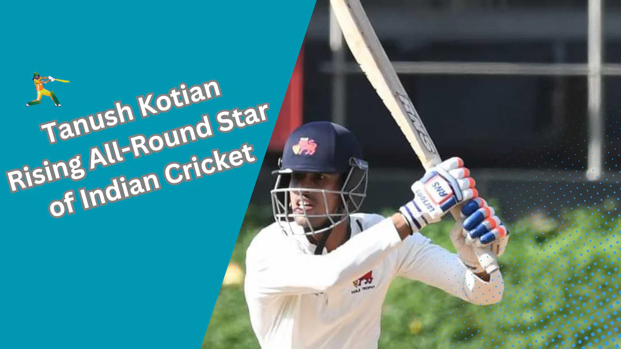 Tanush Kotian showcasing his batting skills during a Ranji Trophy match, epitomizing his all-round cricketing prowess.