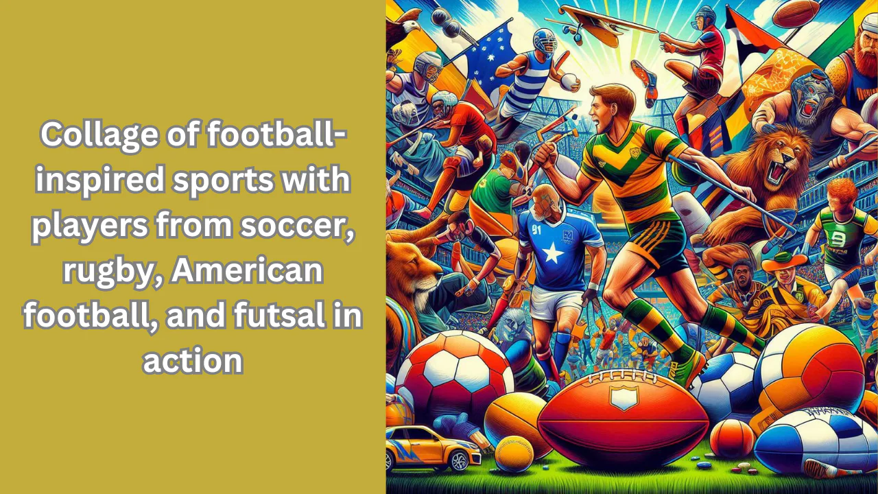 Global Football Family: Collage of football-inspired sports with players from soccer, rugby, American football, and futsal in action, set against a world map background to represent global connections.