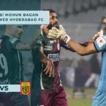 Mohun Bagan players in action against Hyderabad FC at Salt Lake Stadium.